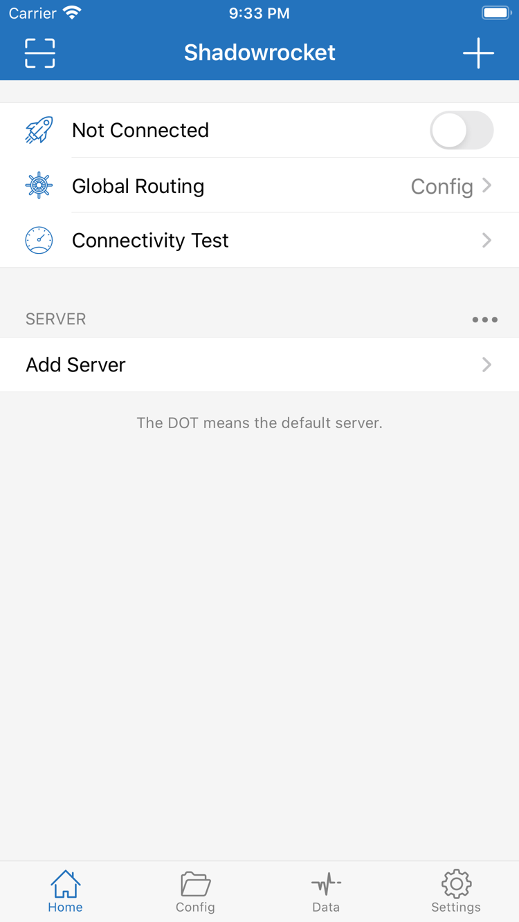 Shadowrocket Home 官方截图，顶部显示 Not Connected、Global Routing 和 Connectivity Test，下方为 SERVER 列表与 Add Server