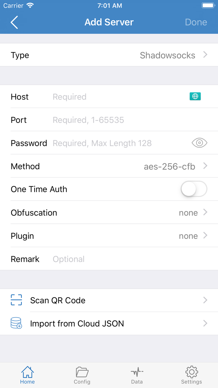 Shadowrocket Add Server 官方截图，显示 Type、Host、Port、Password、Method 与扫码导入入口
