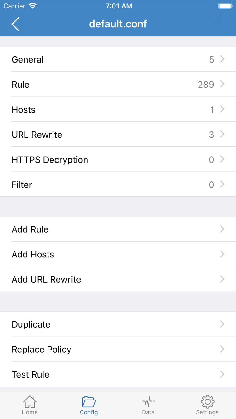 Shadowrocket Config 配置文件编辑官方截图，显示 General、Rule、Hosts、URL Rewrite、HTTPS Decryption 与 Add Rule